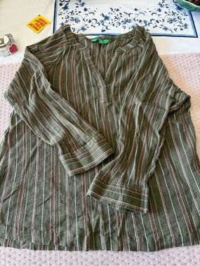 dip Olive Tunic Top with Pink and Cream Pinstripes